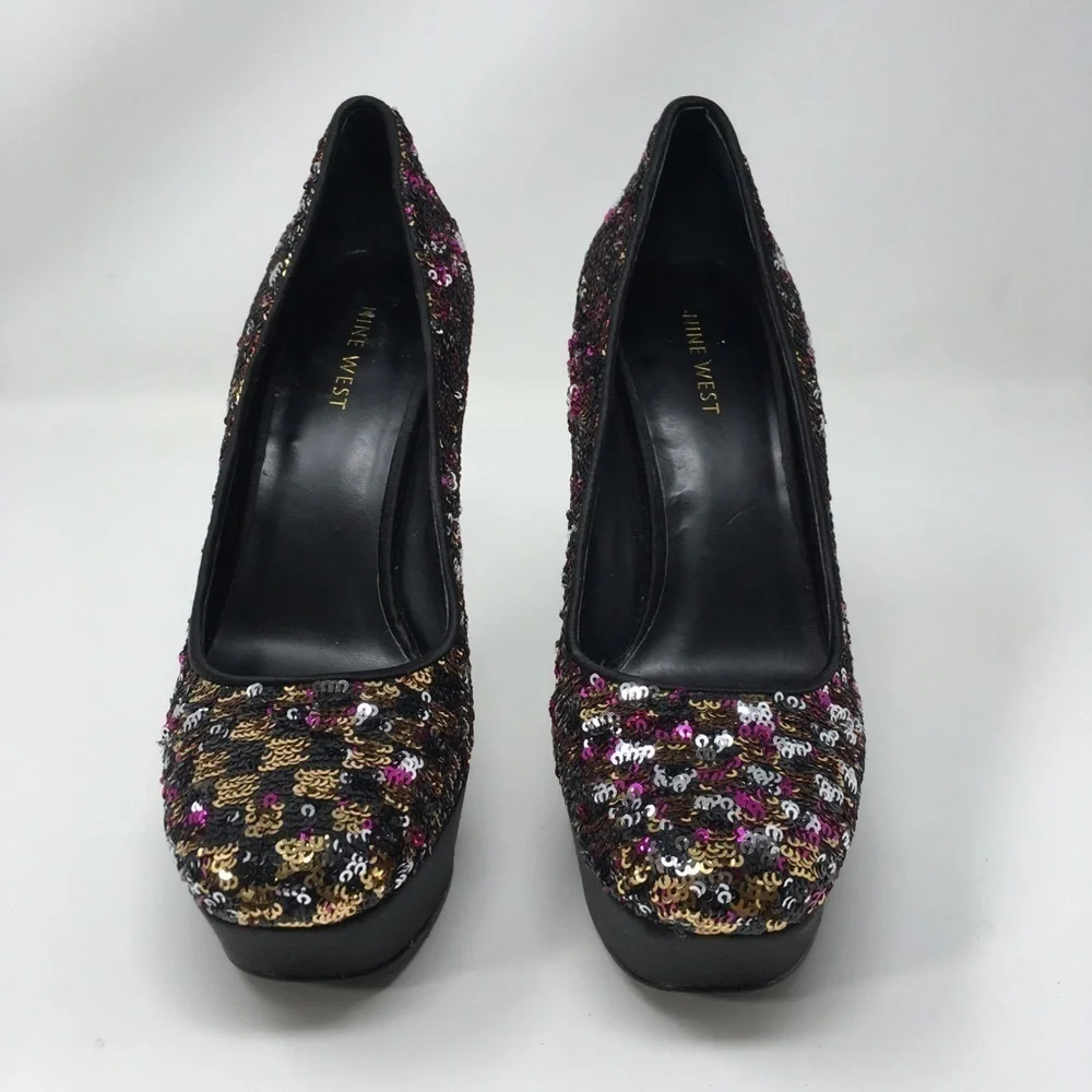 Nine West Heels Shoes Black Pink Satin Sequins 7.5